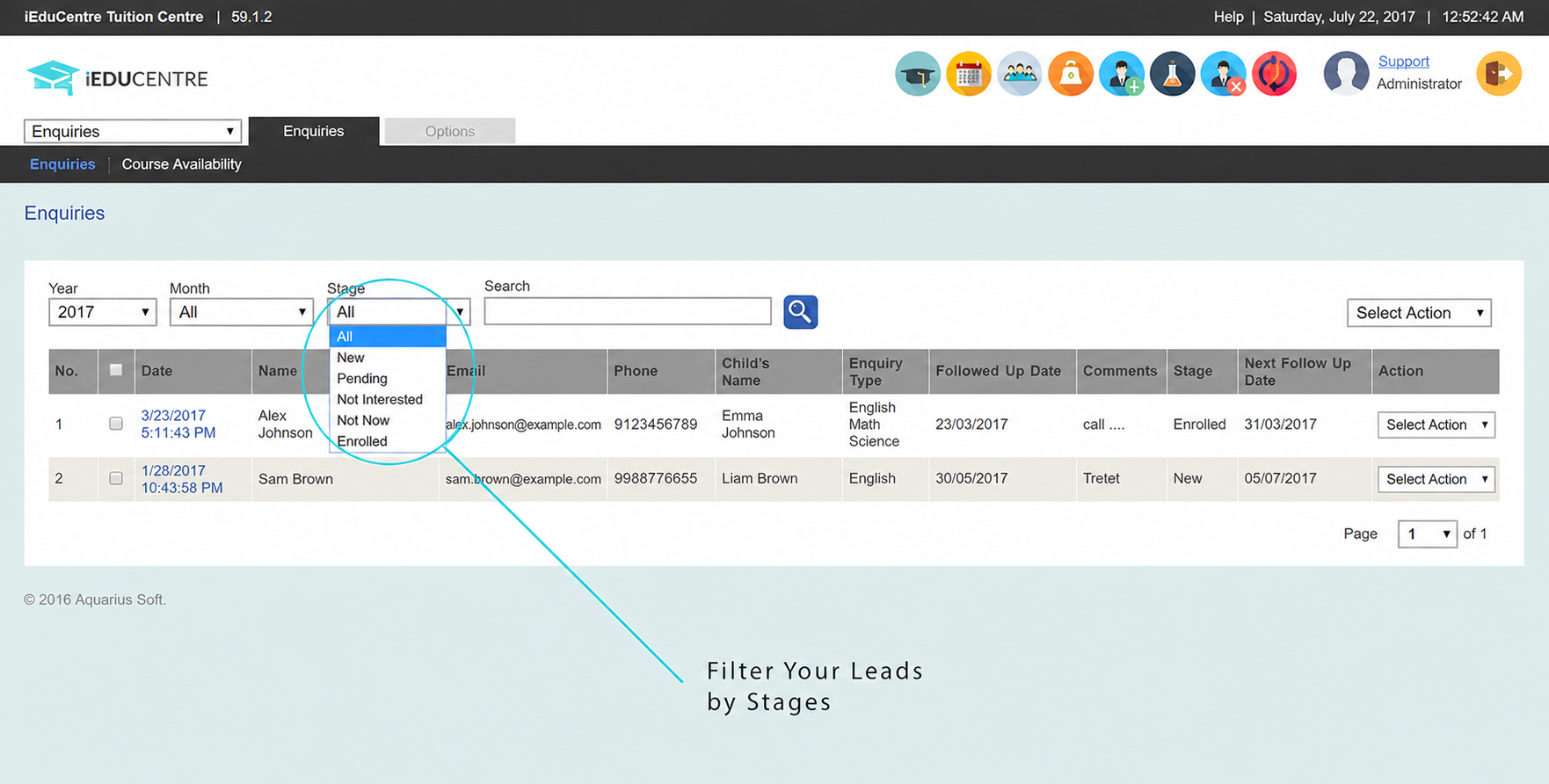 iEduCentre enquiry list showing enquiry stages and next follow-up dates