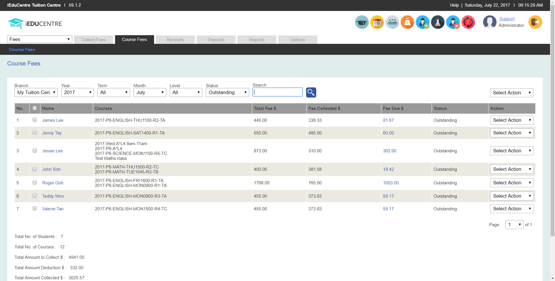 iEduCentre course fee generation and outstanding balance screen