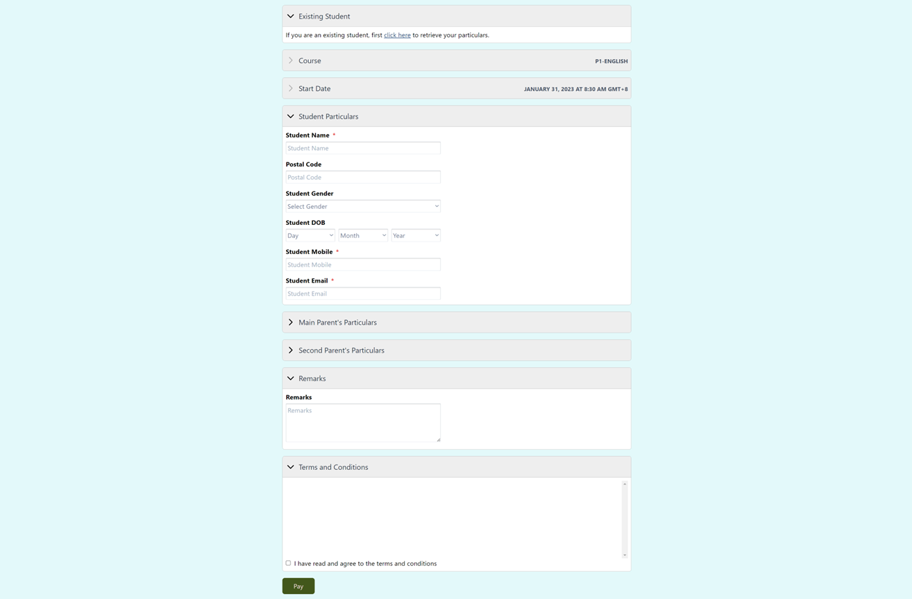 iEduCentre online course registration form showing course details, student particulars and payment