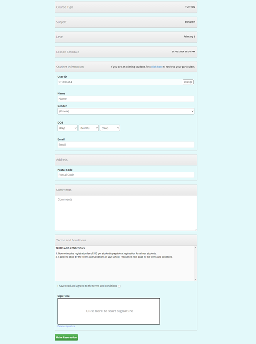 iEduCentre online trial registration form with student information, terms and signature