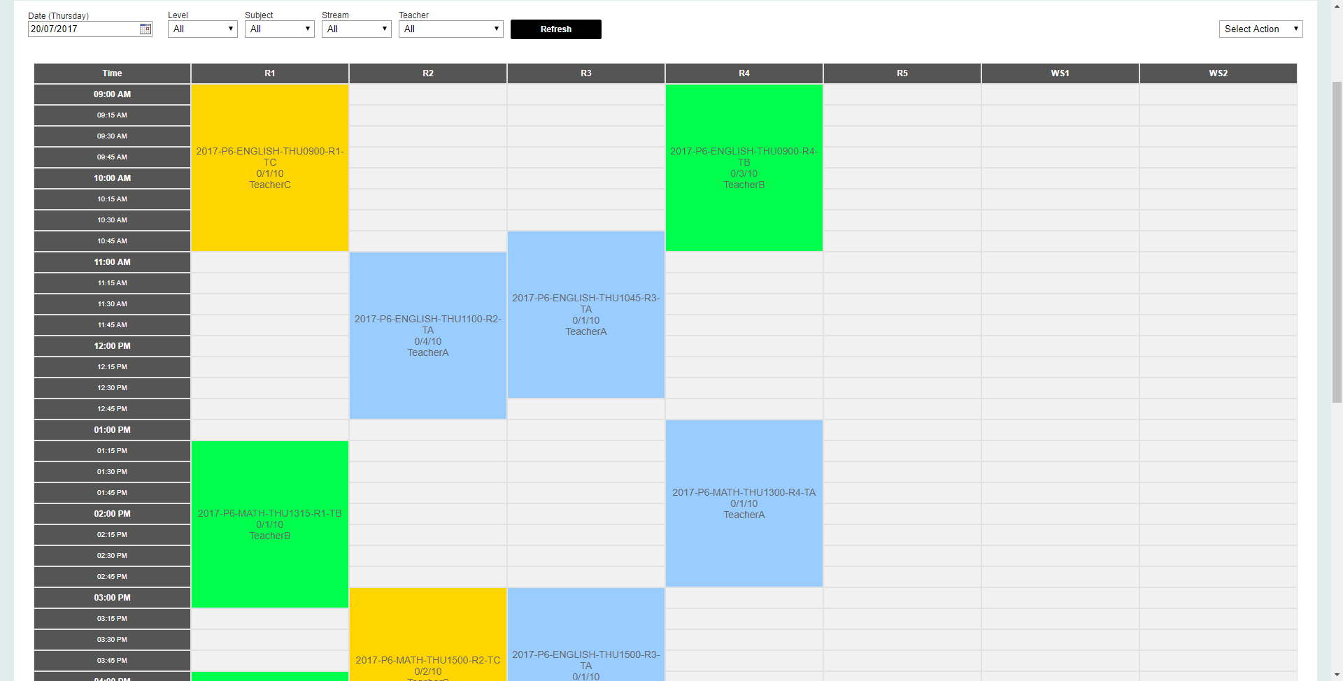 iEduCentre timetable showing tuition centre lessons by room and teacher