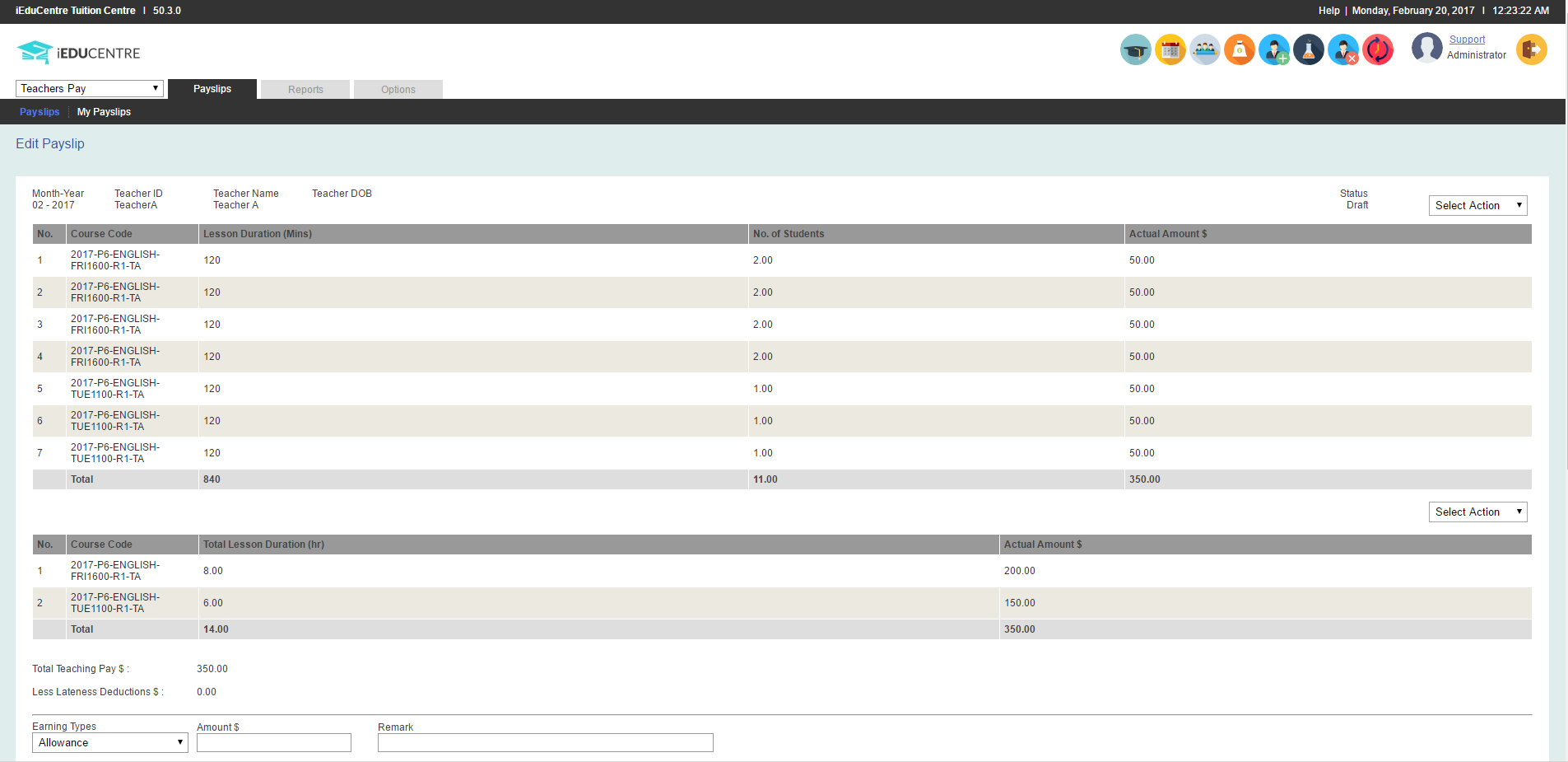 iEduCentre teacher pay generation screen showing lesson duration, student count and pay amounts